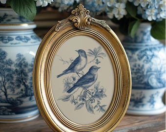 French Country Bird Print | Blue Botanical Wall Art (Digital Download)