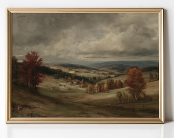 Rustic Autumn Landscape Painting: Moody Farmhouse Decor (Digital Download)