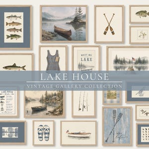 May include: A gallery wall collection of framed prints featuring lake house themes including fish illustrations, a canoe on water, crossed oars, a striped swimsuit, a boat, fishing rods, flip-flops, and text reading LAKE HOUSE VINTAGE GALLERY COLLECTION.