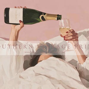 Pink Champagne Wall Art, Apartment Aesthetic, Pink Wall Art, Bar Cart Decor, Champagne In Bed, Pink Cocktail Art, Coquette Aesthetic, Girly Wall Art, Pink Cocktail Art, Digital Download, Southern Vintage Print Co.