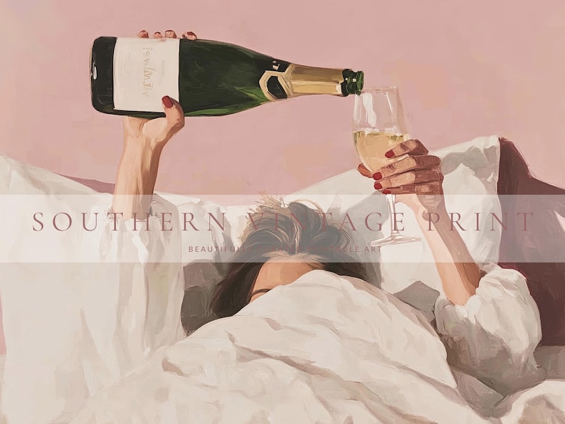 Pink Champagne Wall Art, Apartment Aesthetic, Pink Wall Art, Bar Cart Decor, Champagne In Bed, Pink Cocktail Art, Coquette Aesthetic, Girly Wall Art, Pink Cocktail Art, Digital Download, Southern Vintage Print Co.