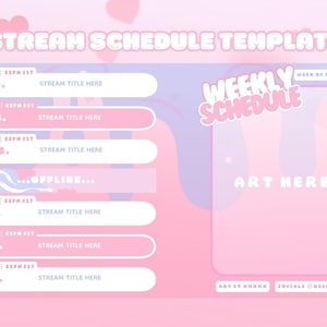 Op de afbeelding: Een roze en paarse sjabloon voor een wekelijkse streamschema met een grote ruimte voor kunst. De sjabloon bevat een sectie voor elke dag van de week met een ruimte voor een streamtitel.