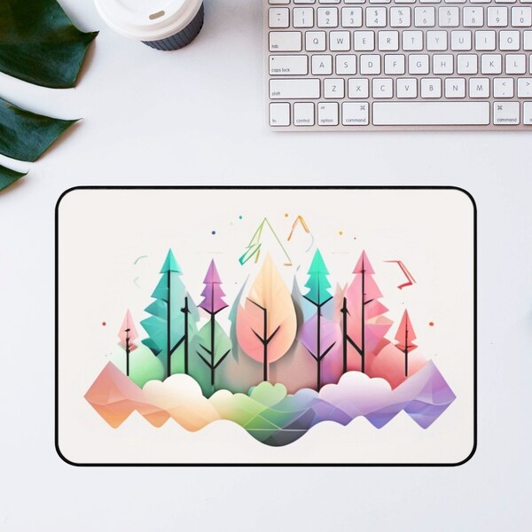 Pastel line logo of a geometric forest surrounded by colorful detailed lines and pops of interesting designs- Gaming/Office space desk mat.