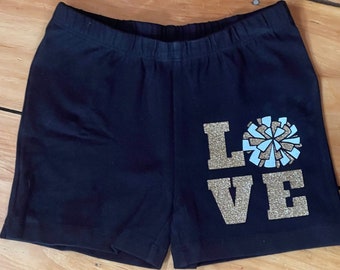 Girls Athletic Pom Pom Love Shorts, Cheer, Sports Team, Warm up, Practice Gear