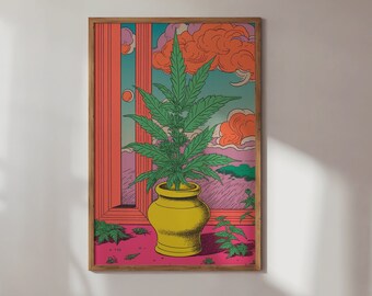 Cannabis wall art. Printable poster, marijuana trippy wall art