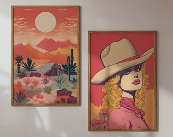 May include: Two framed illustrations. The first illustration is a desert landscape with a large sun in the sky. The second illustration is a woman with blonde hair wearing a cowboy hat and a pink shirt.