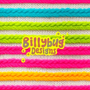 May include: A white knitted fabric with colorful stripes in pink, blue, green, yellow, and orange. The fabric has a cable knit pattern. The text "Billybug Designs" is in a yellow circle with a glittery effect.