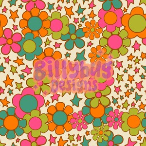 May include: A seamless pattern featuring a retro 1970s design with colorful flowers and stars on a cream background. The flowers are in shades of pink, orange, green, and blue. The stars are in shades of blue and green.