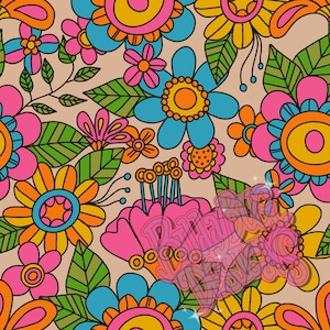 May include: A seamless pattern featuring a retro 1960s style design with colourful flowers and leaves on a light brown background.