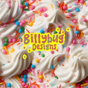 May include: Close-up of white frosting with colorful sprinkles, including pink, blue, green, yellow, and orange. The text "Billybug Designs" is in the center of the image.
