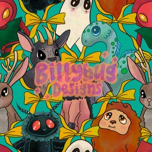 May include: A teal background with a variety of colorful cartoon animals and yellow bows. The animals include a deer, a moth, a ghost, a dragon, a furry creature, and a goat. The text "Billybug Designs" is in the center of the image.