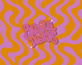 Op de afbeelding: Een abstracte achtergrond in roze en oranje met de tekst "Billy Bug Designs" in een roze, gestileerde lettertype.