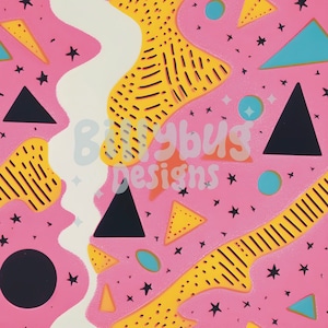 May include: Pink abstract art print with yellow, black, and blue geometric shapes, stars, and a white wavy line. The text "Babybug Designs" is overlaid on the image.