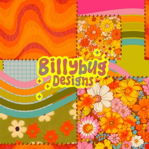 Peut inclure: Un motif patchwork avec divers motifs rétro. Le design comprend des lignes ondulées orange, des imprimés floraux orange et jaune, et un motif quadrillé. Le texte "Billybug Designs" est en police bulle jaune.