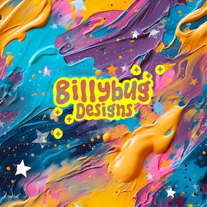 Pode incluir: Pintura abstrata com um design colorido e em espiral em tons de azul, roxo, rosa e amarelo. A pintura apresenta uma sobreposição de texto amarelo que diz "Billybug Designs".