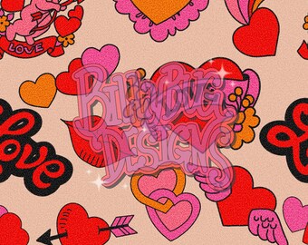 Valentines Day groovy Seamless Pattern, retro repeating pattern for fabric sublimation, instant download