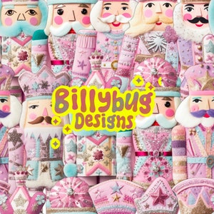 May include: A collection of pastel pink, blue, and white nutcracker figures with intricate details. The figures have various hats, uniforms, and facial expressions. The text "Billybug Designs" is displayed in a yellow bubble.