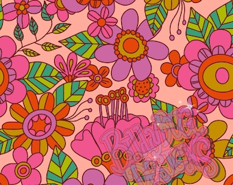 Retro groovy floral seamless pattern - colorful repeating file for fabric sublimation, instant download digital paper surface design