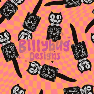 May include: A black and white repeating pattern of a cat clock with a bow tie on a pink and orange checkered background. The text "Billybug Designs" is in the center of the pattern.