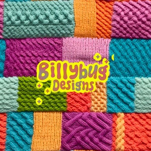 Peut inclure: Une couverture en tricot colorée avec une variété de textures et de motifs. La couverture est composée de carrés de différentes couleurs, notamment rose, bleu, vert, orange et jaune. La couverture porte le texte "Billybug Designs" en lettres jaunes sur fond jaune.