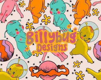 Alien Kewpie seamless pattern - outer space repeating file for fabric sublimation- instant download digital paper surface design