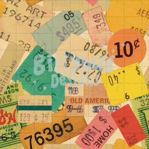 Puede incluir: Un collage de etiquetas de precios vintage y efímeras en varios colores, incluyendo verde, rosa, amarillo y azul. Las etiquetas presentan números, precios y texto escritos a mano, como "OLD AMERIL" y "HOME". El fondo es un patrón de cuadrícula.