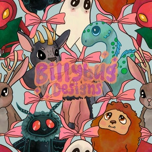 May include: A whimsical pattern featuring various creatures, including a deer, a moth, a ghost, a dragon, a furry creature, and a horned creature. The background is a light blue with pink bows.