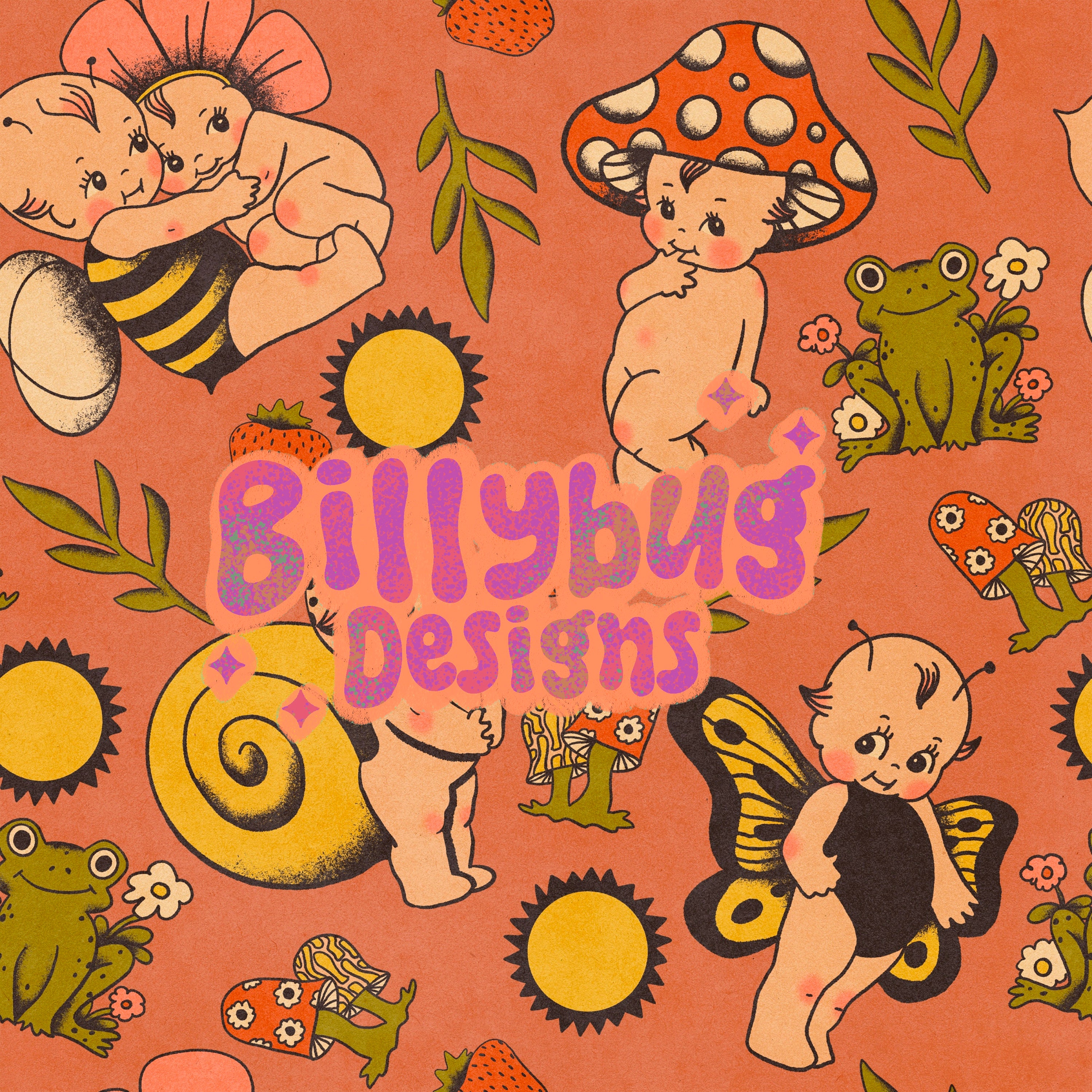 Cottagecore seamless pattern - retro kewpie repeating file for fabric sublimation, instant download digital paper surface design
