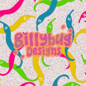 Puede incluir: Un patrón colorido de formas de gusano con ojos saltones sobre un fondo blanco. El texto "Billybug Designs" está en el centro de la imagen.