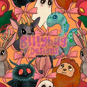 May include: A colorful illustration featuring various creatures, including a deer, a moth, a ghost, a dragon, a bat, and a furry creature with large eyes. The background is a peach color with pink bows.