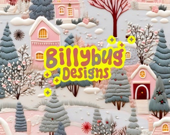 Peut inclure: Une scène d'hiver fantaisiste avec des maisons roses, des arbres enneigés et une bannière jaune qui dit "Billybug Designs".