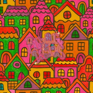 May include: A colorful pattern of cartoon houses with different shapes and sizes. The houses are painted in shades of pink, green, orange, and yellow. The pattern is perfect for a variety of craft projects.
