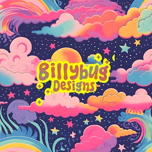 May include: A seamless pattern featuring a colorful, whimsical design of clouds, stars, and rainbows on a dark blue background. The text "Billybug Designs" is featured in yellow with a brown outline.
