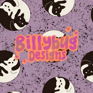 May include: A purple background with a repeating pattern of black and white yin yang symbols with cats inside. The text "Billybug Designs" is in the center of the image in pink and orange.