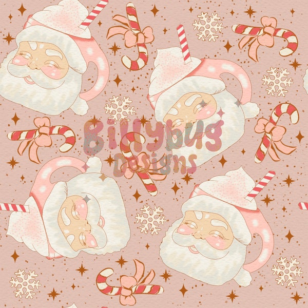 Pink Christmas Santa Mug Seamless Pattern - repeating pattern for fabric sublimation - instant download digital paper