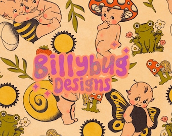 Cottagecore seamless pattern - retro kewpie repeating file for fabric sublimation, instant download digital paper surface design
