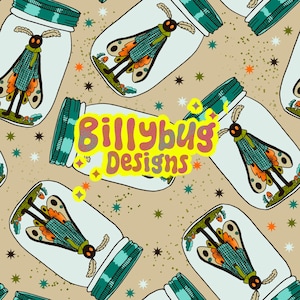 May include: A seamless pattern featuring a whimsical design of moths trapped in glass jars with teal lids. The jars are filled with a light blue background and the moths have a plaid pattern with orange and brown accents. The pattern is set against a beige background with scattered stars in various colors. The text "Billybug Designs" is featured in a yellow, pink, and orange font.
