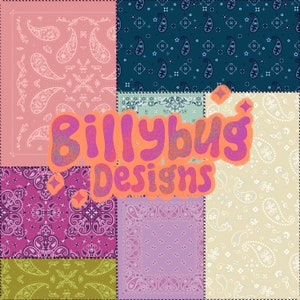 May include: A patchwork of colorful bandana patterns with the text "Billybug Designs" in a pink, orange, and purple font.
