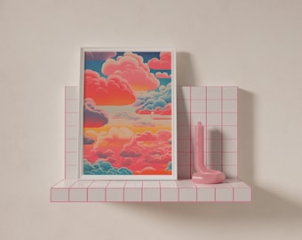 Pretty Sky Cloud Wall art, Primtable Poster, roze hemel trendy muurkunst