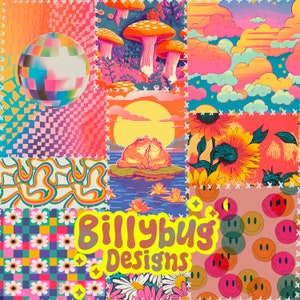 Op de afbeelding: Een collage van kleurrijke, retro-achtige patronen en illustraties. De collage bevat een discobal, paddenstoelen, wolken, zonnebloemen, kikkers en smiley-gezichten. De tekst "Billybug Designs" staat in het midden van de collage.