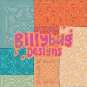 May include: A patchwork design featuring various paisley patterns in shades of blue, orange, and beige. The text "Billybug Designs" is written in a pink and purple font.