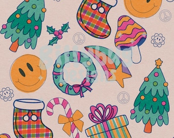 Retro groovy colorful Christmas seamless pattern — for sublimation fabric, digital paper, instant download