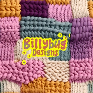 Peut inclure: Une tapisserie murale en tricot colorée avec une variété de textures et de couleurs, notamment le rose, le violet, le bleu, le jaune et le blanc. Le texte "Billybug Designs" est au centre de la tapisserie.