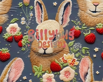 Easter Bunny Seamless file - faux embroidery repeating pattern - digital download surface design paper