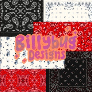Könnte beinhalten: Eine digitale Collage aus verschiedenen Bandanamustern in Schwarz, Weiß und Rot. Der Text "Billybug Designs" ist über die Mitte des Bildes gelegt.