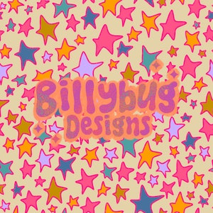 May include: A colorful background pattern of pink, blue, yellow, and orange stars with the text "Billybug Designs" in a pink, orange, and purple font.