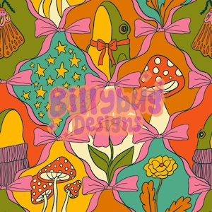 May include: A seamless pattern featuring a whimsical mix of retro-style illustrations.  The design includes mushrooms, frogs, flowers, stars, and bows in a vibrant colour palette of orange, yellow, green, blue, and pink.