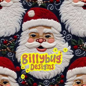 May include: Embroidered pattern featuring multiple Santa Claus faces with red hats, white beards, and rosy cheeks. The background is a dark blue with decorative elements. The text "Billybug Designs" is in the center.