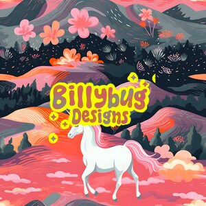 Op de afbeelding: Een wit eenhoorn met een roze manen en staart loopt door een fantasierijk landschap met roze en oranje heuvels, donkergroene bomen en roze bloemen. De tekst "Billybug Designs" staat in gele letters bovenaan de afbeelding.