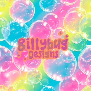 May include: A seamless pattern featuring iridescent rainbow bubbles on a pastel blue background. The text "Billybug Designs" is in the center of the image.